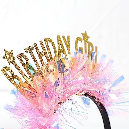 Gold Birthday Girl Headband with Stars and Pink Flowers