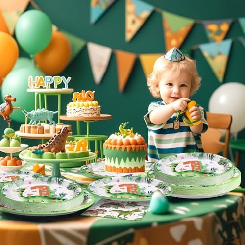 Grencian Dinosaur 1st Birthday Party Plates Set for 24 Guests