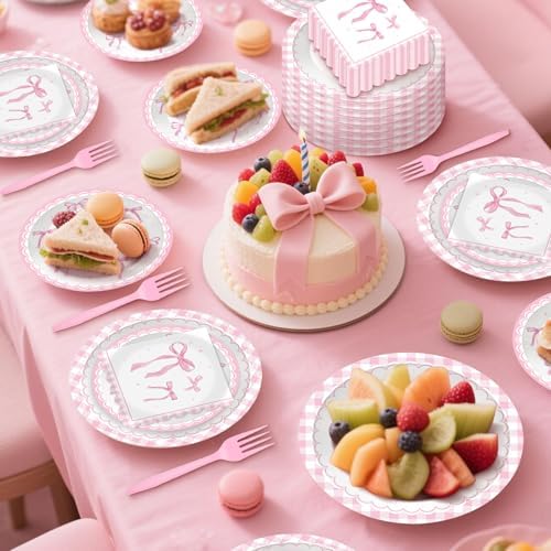 100 Pcs Pink Ribbon Bow Party Supplies Set Serves 25
