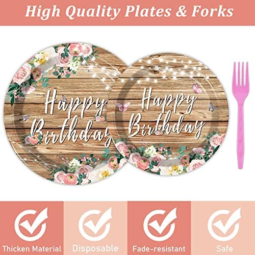 96PCS Rustic Floral Birthday Plates for 24 Guests