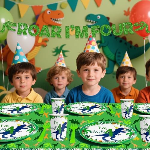 Dinosaur 4th Birthday Tableware Set for 4 Year Old Boy