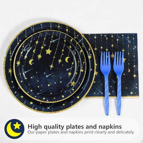 Grencian Gold Star Moon Party Plates Napkins Set for 24 Guests