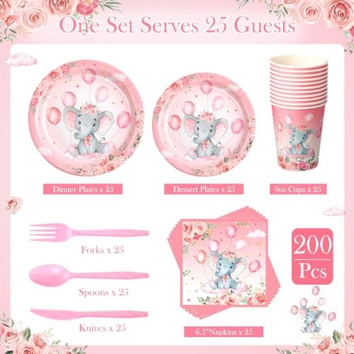 Spakon 200 Pcs Baby Shower Paper Plates Cups Napkins Set
