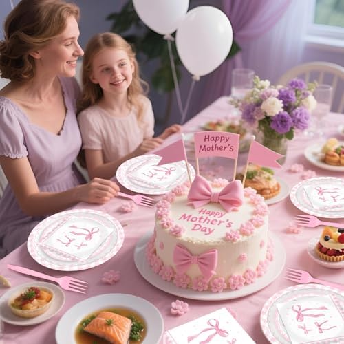 100 Pcs Pink Ribbon Bow Party Supplies Set Serves 25