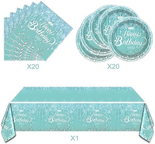 Teal and Silver Glitter Birthday Tableware Set