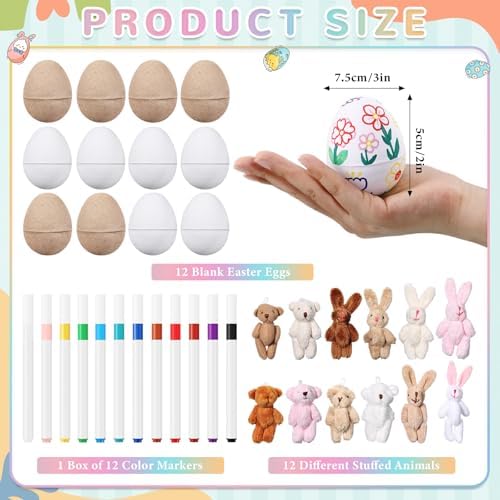 12 Pack Prefilled Paper Mache Eggs with Stuffed Animals and Painting Kit