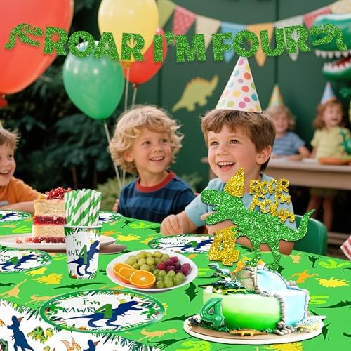 Dinosaur 4th Birthday Tableware Set for 4 Year Old Boy