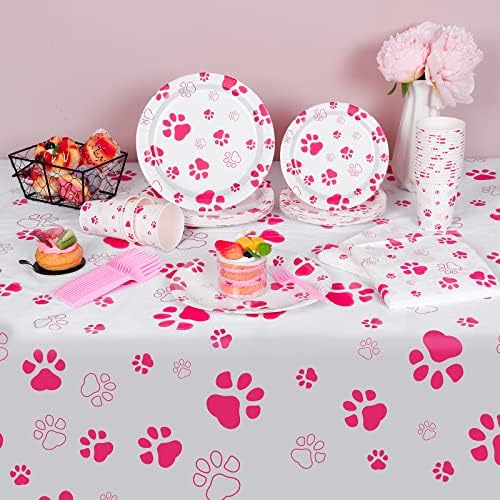 Durony 121 Piece Pink Paw Print Party Tableware Set