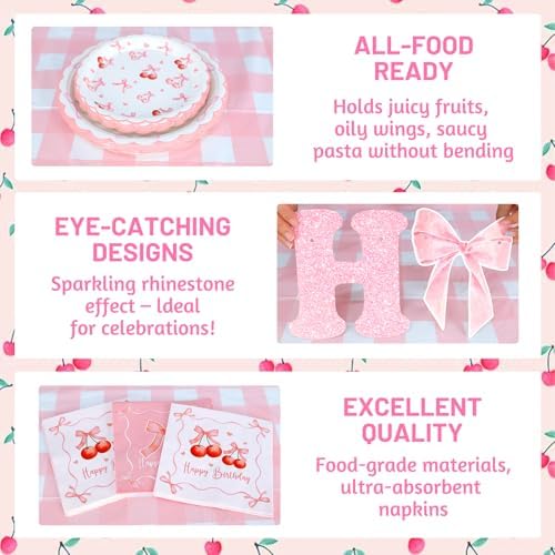Cherry Birthday Decor Plates Bow Napkins Cups Set