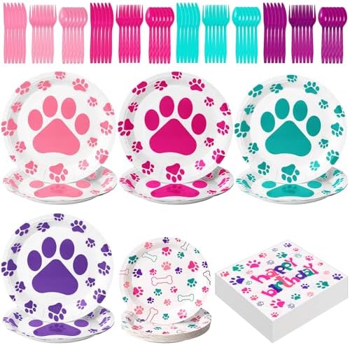 Gejoy 96 Pcs Dog Paw Party Tableware Kit for 24 Guests