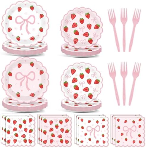 96 Pcs Strawberry Party Plates and Napkins Bow Set