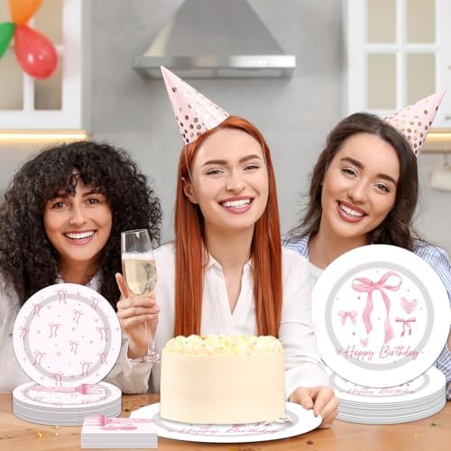 Pink Bow Party Tableware Set 96PCS for 24 Guests