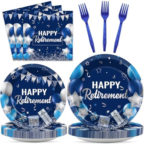 Retirement Party Plates Napkins Set 96 Pcs Blue Silver