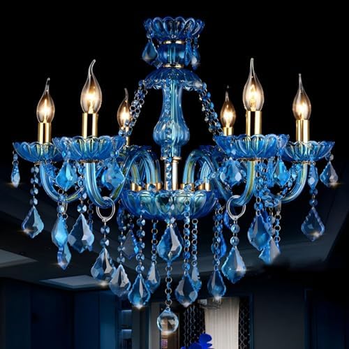 RUNNUP 6-Light Blue Crystal Chandelier for Living Room Dining Room Bedroom