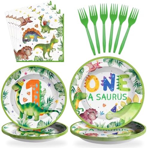 Grencian Dinosaur 1st Birthday Party Plates Set for 24 Guests