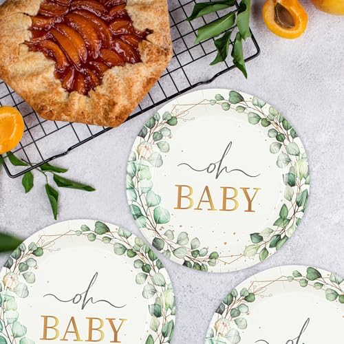 50PCS Sage Green Eucalyptus Baby Shower Plates 7Inch