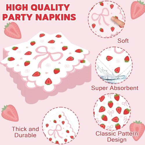 96 Pcs Strawberry Party Plates and Napkins Bow Set