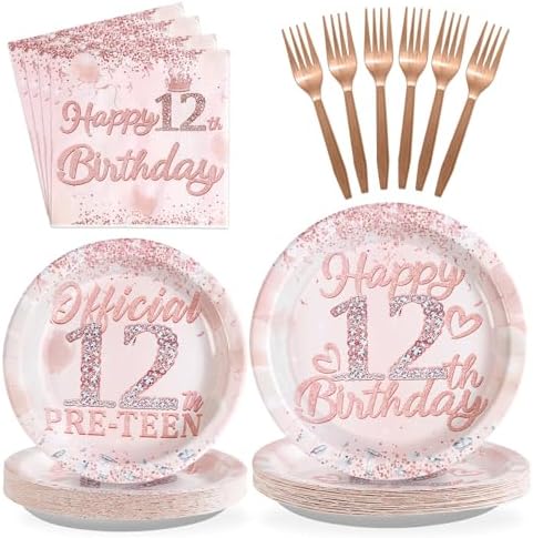 Rose Gold 12th Birthday Plates Napkins Set for Girls Party
