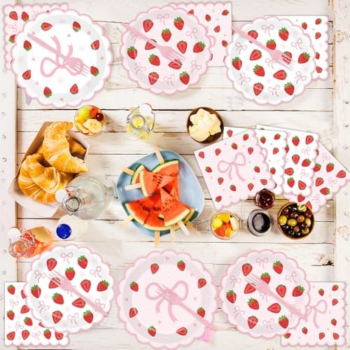 96 Pcs Strawberry Party Plates and Napkins Bow Set