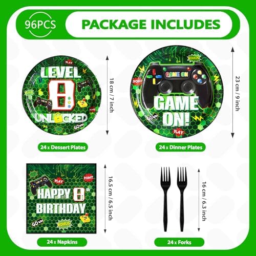 Grencian 96 Pcs Game Party Plates for 8th Birthday