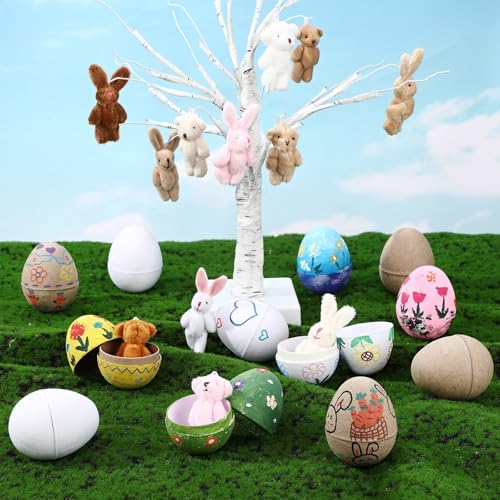 12 Pack Prefilled Paper Mache Eggs with Stuffed Animals and Painting Kit