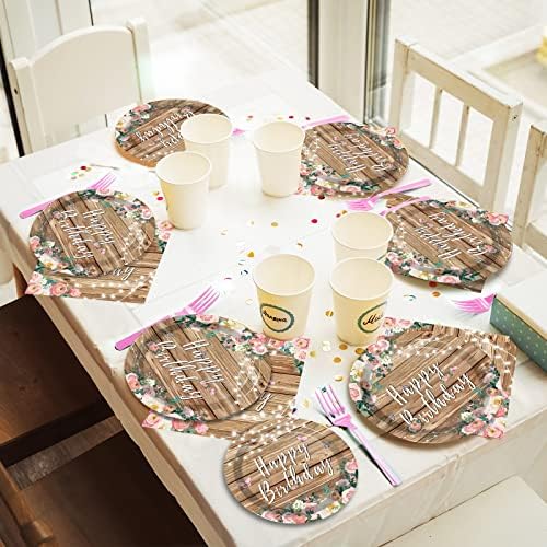 96PCS Rustic Floral Birthday Plates for 24 Guests