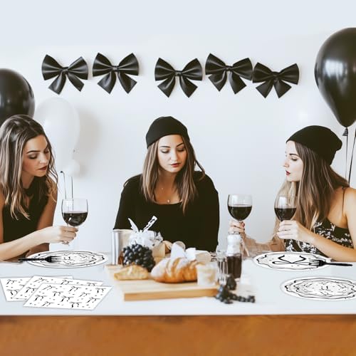 Avezano 96pcs Black Bow Plates and Napkins Set Serve 24