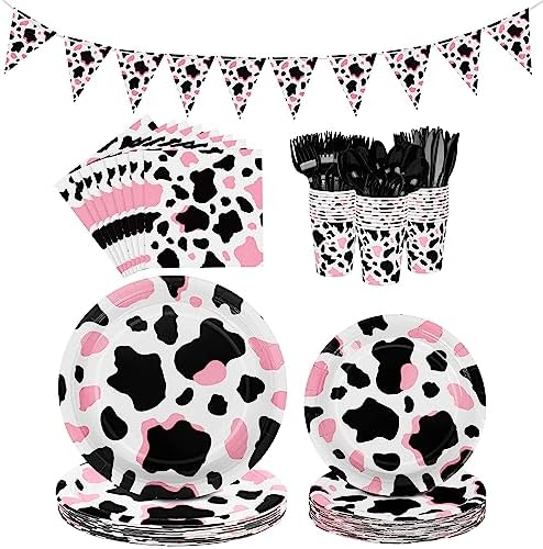 Durony 198 Piece Pink Cow Print Party Tableware Set