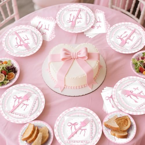 100 Pcs Pink Ribbon Bow Party Supplies Set Serves 25