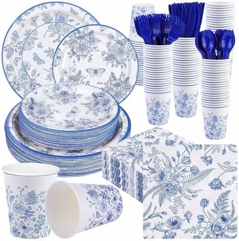 400 Pieces Blue and White Flower Party Tableware Set