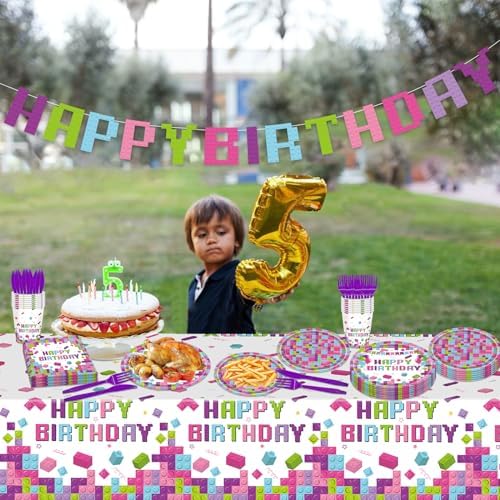 98PCS Building Blocks Party Tableware Set for 16 Guests