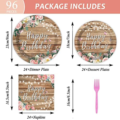 96PCS Rustic Floral Birthday Plates for 24 Guests