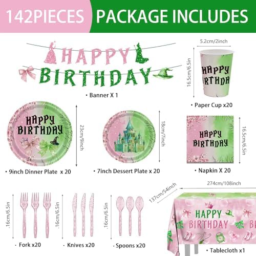 142pcs Pink Green Witch Party Tableware Set