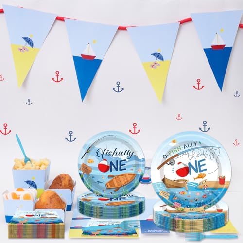 Fishing Themed 1st Birthday Tableware Set - 96PCS for 24 Guests