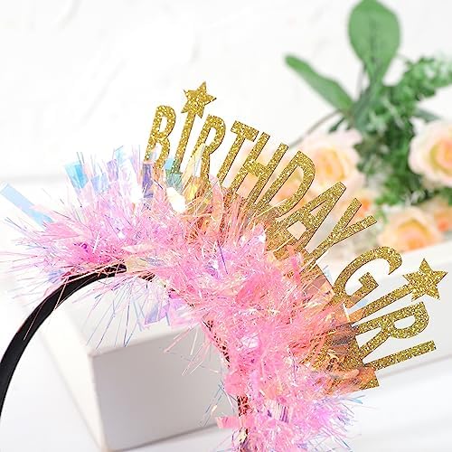 Gold Birthday Girl Headband with Stars and Pink Flowers