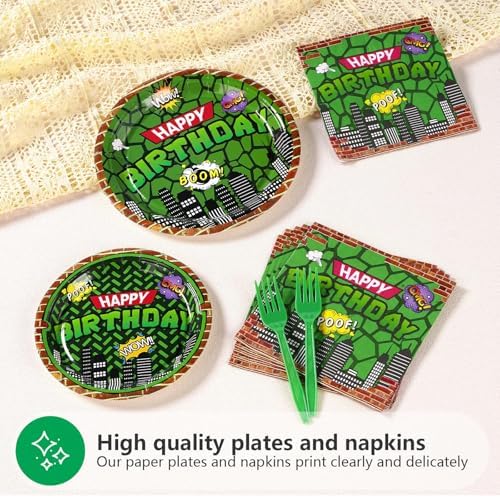 200Pcs Green Cartoon Turtle Party Plates and Napkins Set for Kids Teens