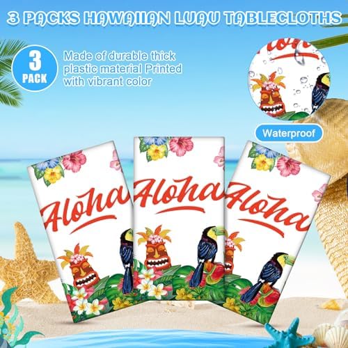 3 Pack Hawaiian Luau Tablecloths for Summer Parties