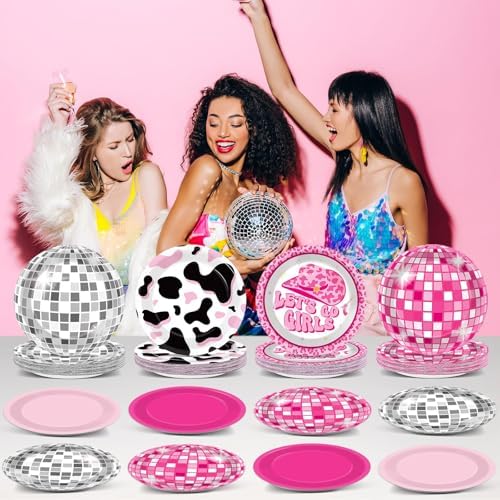 60pcs Hot Pink Disco Cow Print Plates
