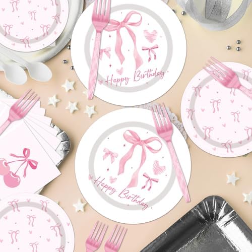 Pink Bow Party Tableware Set 96PCS for 24 Guests