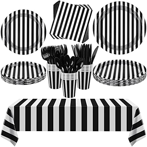 Durony 113 Piece Black and White Striped Party Set