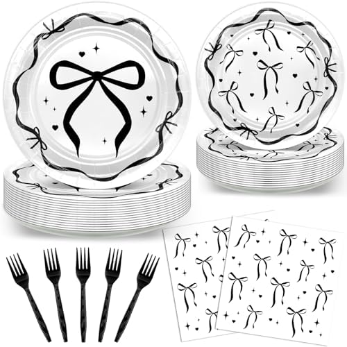 Avezano 96pcs Black Bow Plates and Napkins Set Serve 24