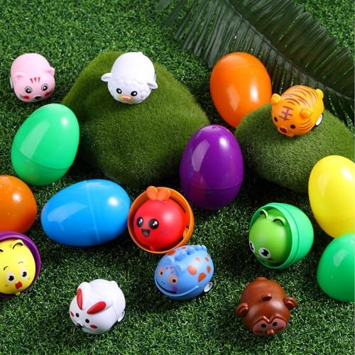 24 Set 48PCS Prefilled Easter Eggs with Mini Animal Cars