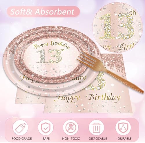 13th Birthday Rose Gold Decor Plates Napkins Forks Set