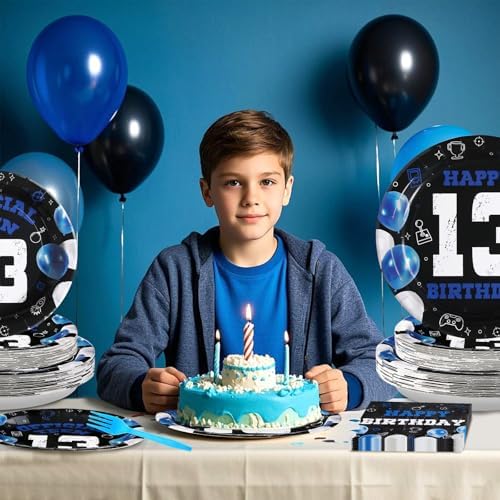 Grencian 13th Birthday Plates for Boys Girls with Blue Black Design