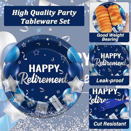 Retirement Party Plates Napkins Set 96 Pcs Blue Silver