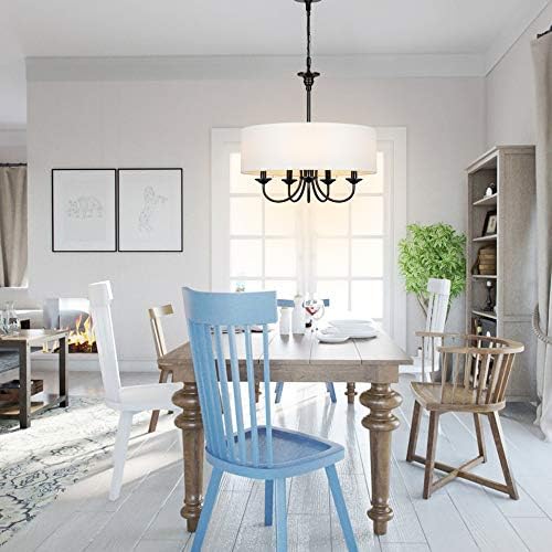 TA Traditional 5 Light Chandelier with White Linen Drum Shades