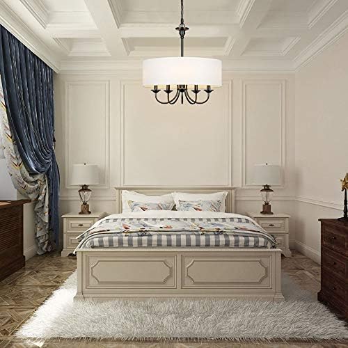 5 Light Traditional Chandelier with White Linen Drum Shade Black and White