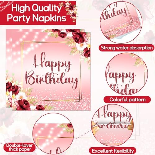 Burgundy Floral 96Pcs Birthday Party Plates Set