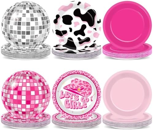 60pcs Hot Pink Disco Cow Print Plates