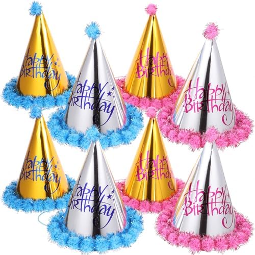 LOGOFUN 8PCS Birthday Party Hats Metallic Foil Paper Caps for Kids